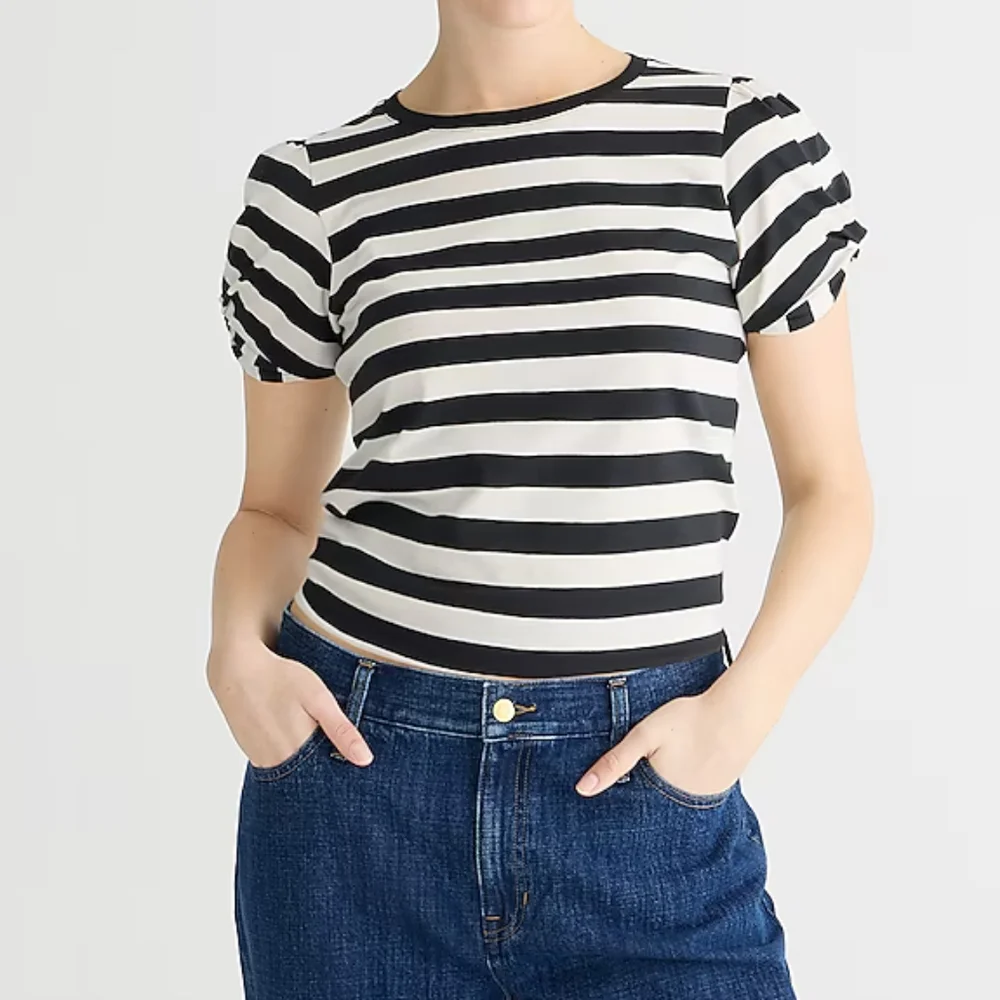 J.Crew Striped Puff Twisted Sleeves Classic Fit Tshirt, Small, White/ Black